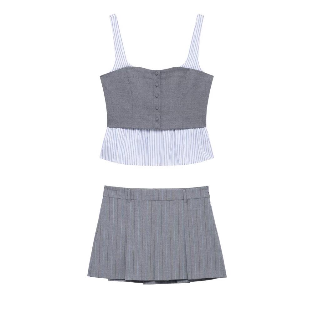 

2025 Spring Women s Striped Strapless Poplin Vest & Skirt Set Medium