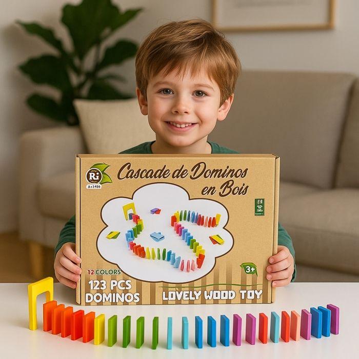 Jeu de Dominos - SHOP-STORY - Cascade de Dominos 123 Pièces - Multicolore - Bois Durable - Éducatif