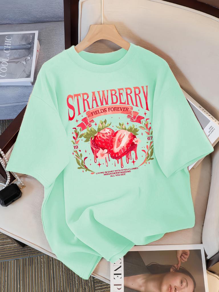 Strawberry Fields Forever Print T-Shirts Damen Atmungsaktives Baumwoll-T-Shirt Hip Hop Locker Streetwear All-Match Freizeitkleidung