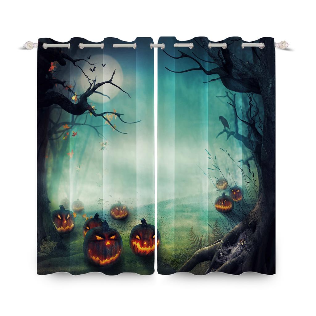 2pcs/set Horror Halloween Window Curtain Full Moon Night Tomb Iron Gate Back Room Home Bedroom Decor Blackout Polyester Curtains