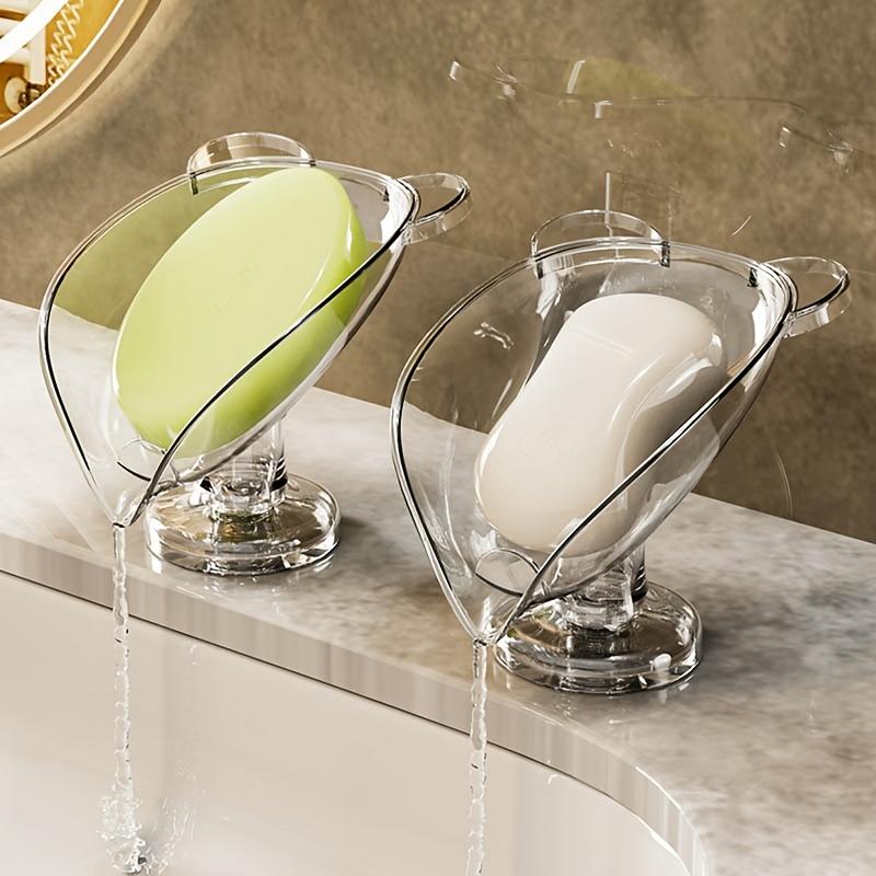 [Clear Plastic Soap Dish] Adhesive-Free Clear Plastic Oval Soap Dish with Suction Cup and Drainage Hole | Cartoon Bear Design,No-Drill Soap Holder