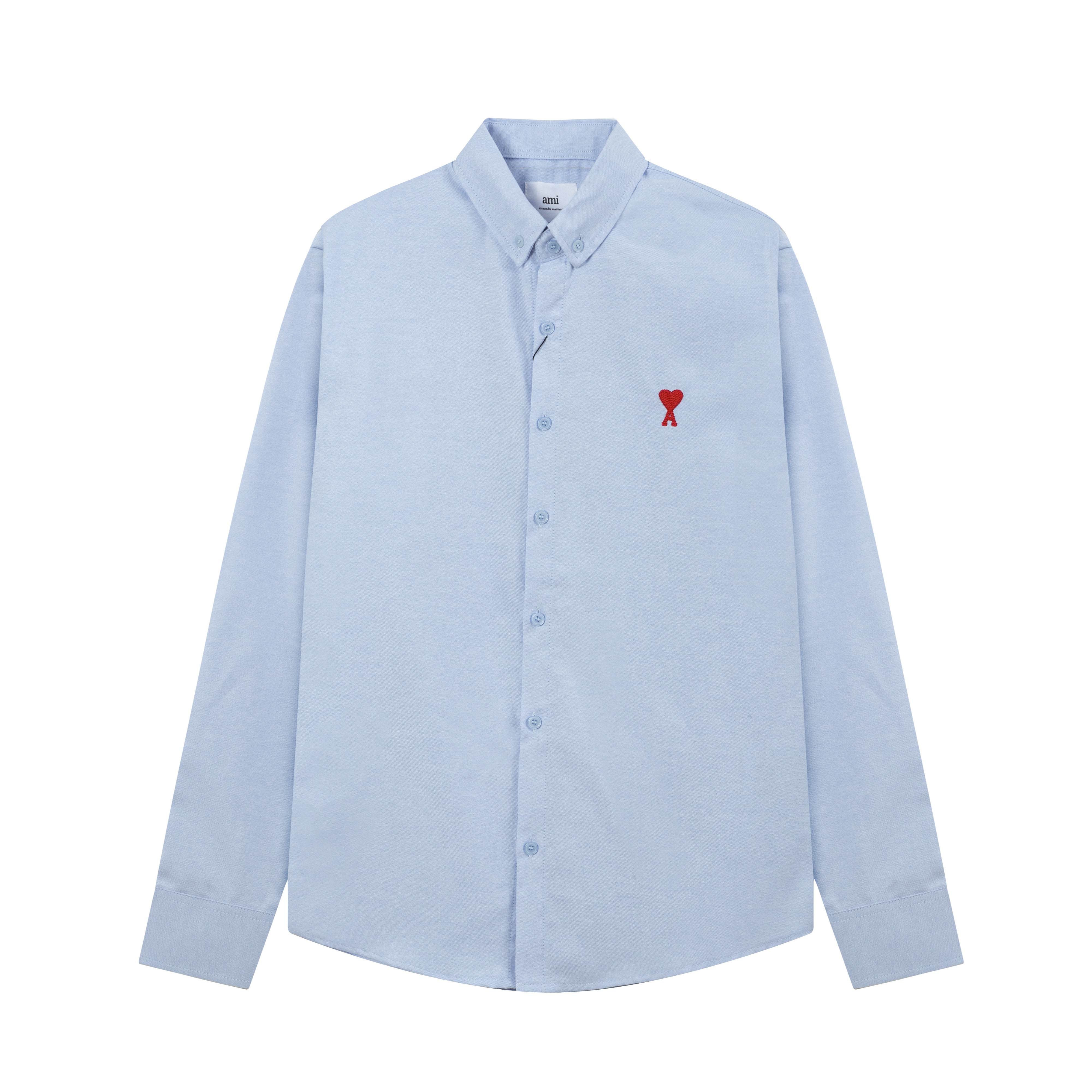 

AMI Classic Весенне-осенняя повседневная хлопковая однотонная рубашка с длинным рукавом и вышивкой красного сердца на груди L