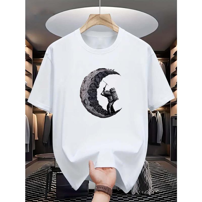 

European sizes Men s Light Blue Spaceman & Moon Graphic T-Shirt ,Crew Neck, Short Sleeve, Casual & Comfortable Summer Wear 4XL білий