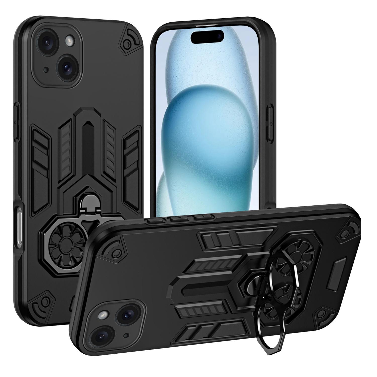 

For iPhone 15 Case Ring Holder Kickstand PC + TPU Shockproof Phone Cover B