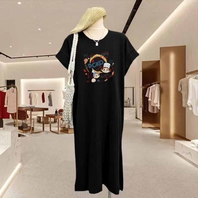 

Women s Short-sleeved T-shirt Printed Dress with Short Sleeves and Knee-length Skirt 4XL чорний