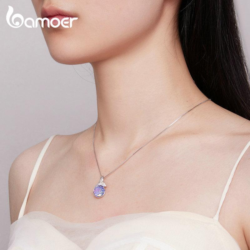 BAMOER 925 Sterling Silver Mermaid Fishtail Pendant Necklace Colorful Fish Scales Neck Chain for Women Fine Jewelry Gift