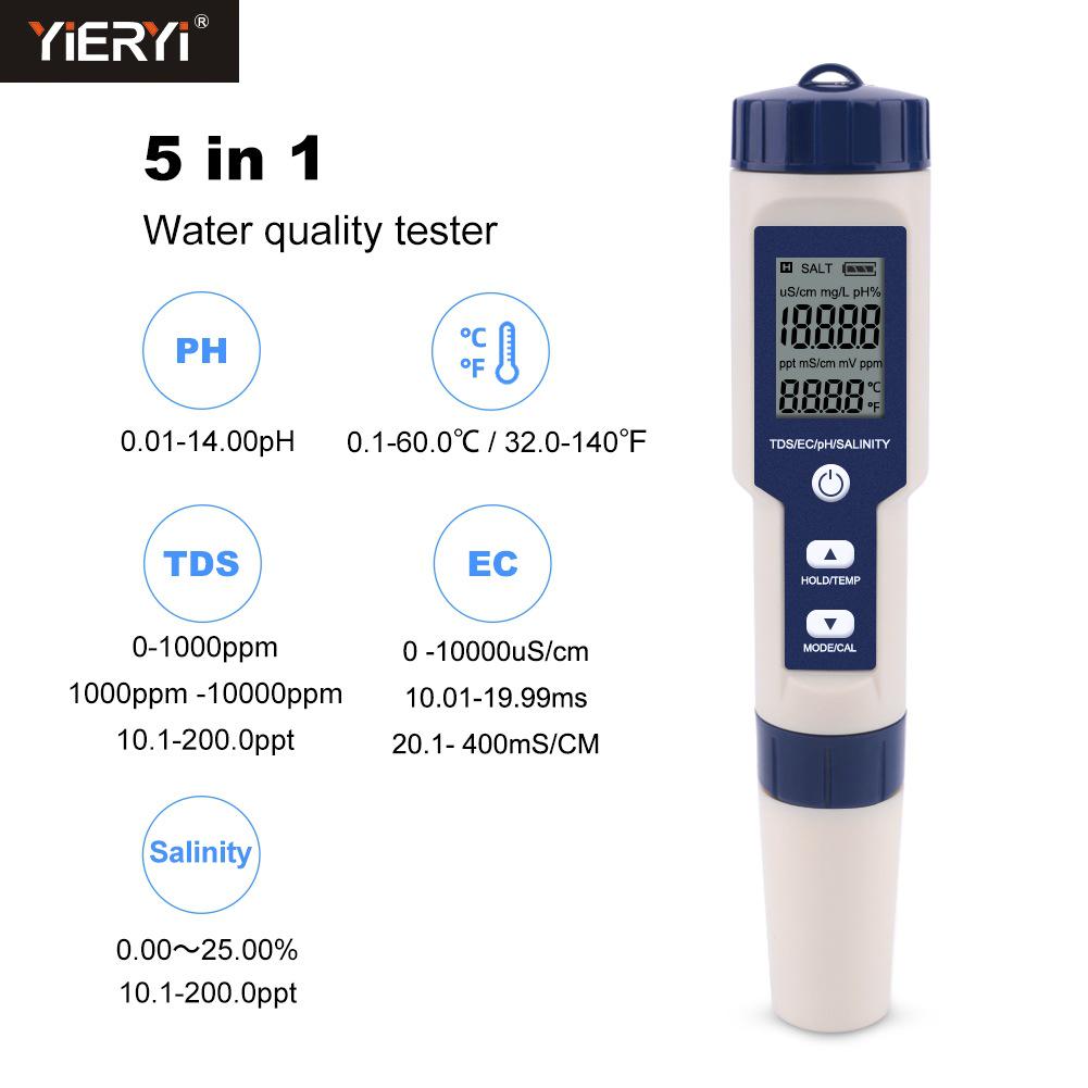 EZ9909PH Five-in-One Water Quality Tester: Tests pH, Salinity, Temperature, TDS, and EC Levels.