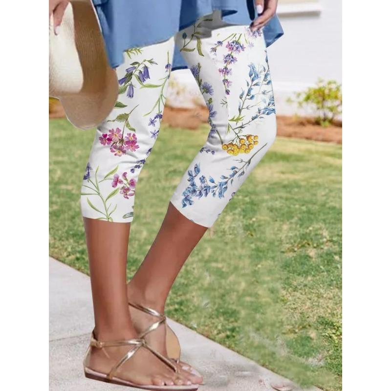 

YYFS Женская мода Повседневный цветочный узор с принтом Брюки и капри с высокой талией XXL белый