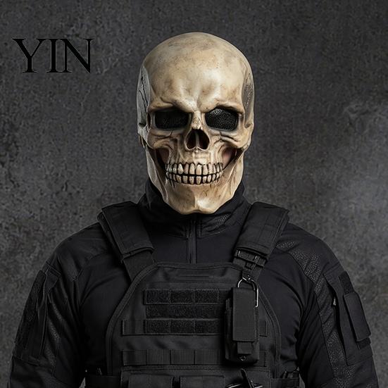Prodyšná Lebka s Oky Masque Strašidelná Halloweenská Celohlavová s Pohyblivou Čelistí, Děsivá Realistická Kostra Latexová Helma Síťované Oči pro Dospělé Cosplay