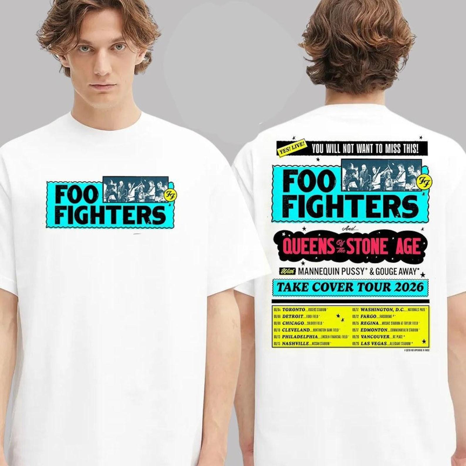 Foo Fighters Take Cover Tour 2026 Queens Of The Stone Age 100% Cotton T-shirt Mens Womens Tees Top 2XL