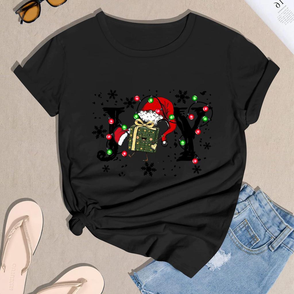 Damen Casual Weihnachten Bedrucktes Kurzarm-T-Shirt mit festlichem Feiertagsdesign