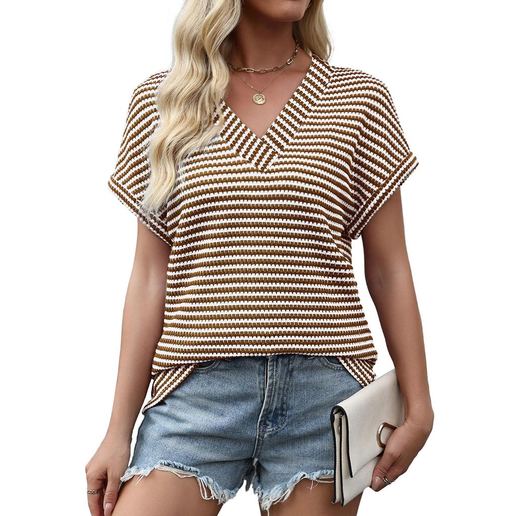Ladies' Casual Striped V-neck T-shirt Top