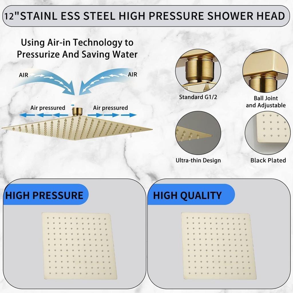 BAKALA 8/10/12 Inch Water Powered Rain Shower Head Bathroom Square Brush Gold Shower Head Stainless Steel Shower Head
