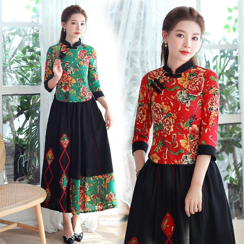 

Высококачественный хлопок и лен Cheongsam в китайском стиле, комплект из двух предметов для похудения и похудения