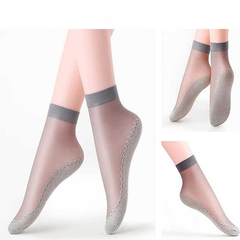 10Pairs Women Transparent Breathable Summer Thin Soft Silk Socks Non-Slip Bottom Splice Fashion Ladies Sock