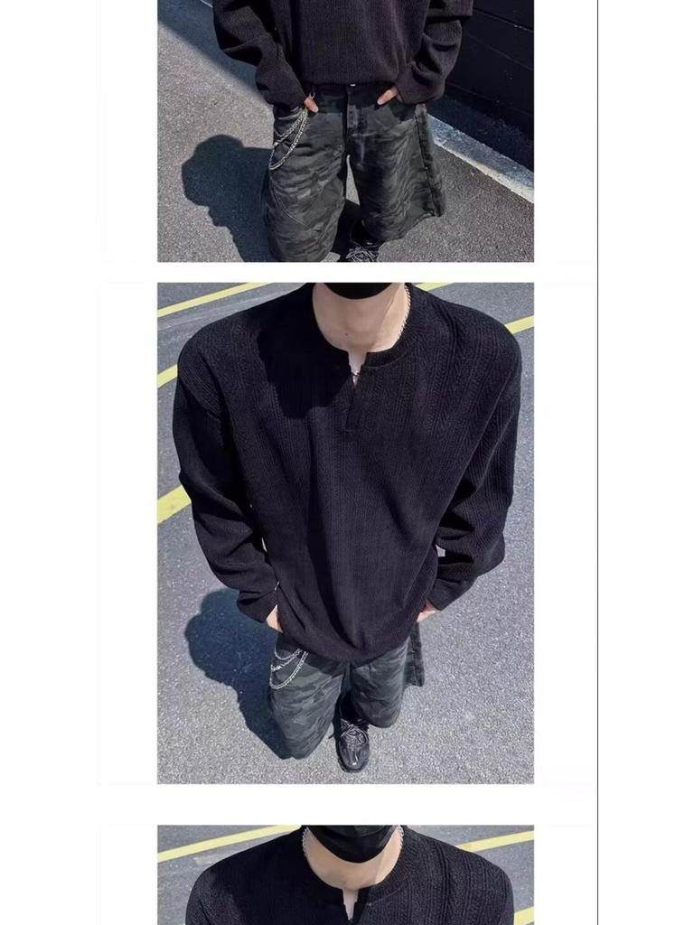 Men's High-End Jacquard Hoodie: Wrinkled Waffle Knit Long Sleeve T-Shirt with Elastic Padded Shoulders