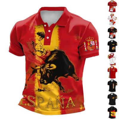 Men's Classic Polo Shirt with Spanish Bull Print Short Sleeve Soccer Style Top Comfortable Polyester Material