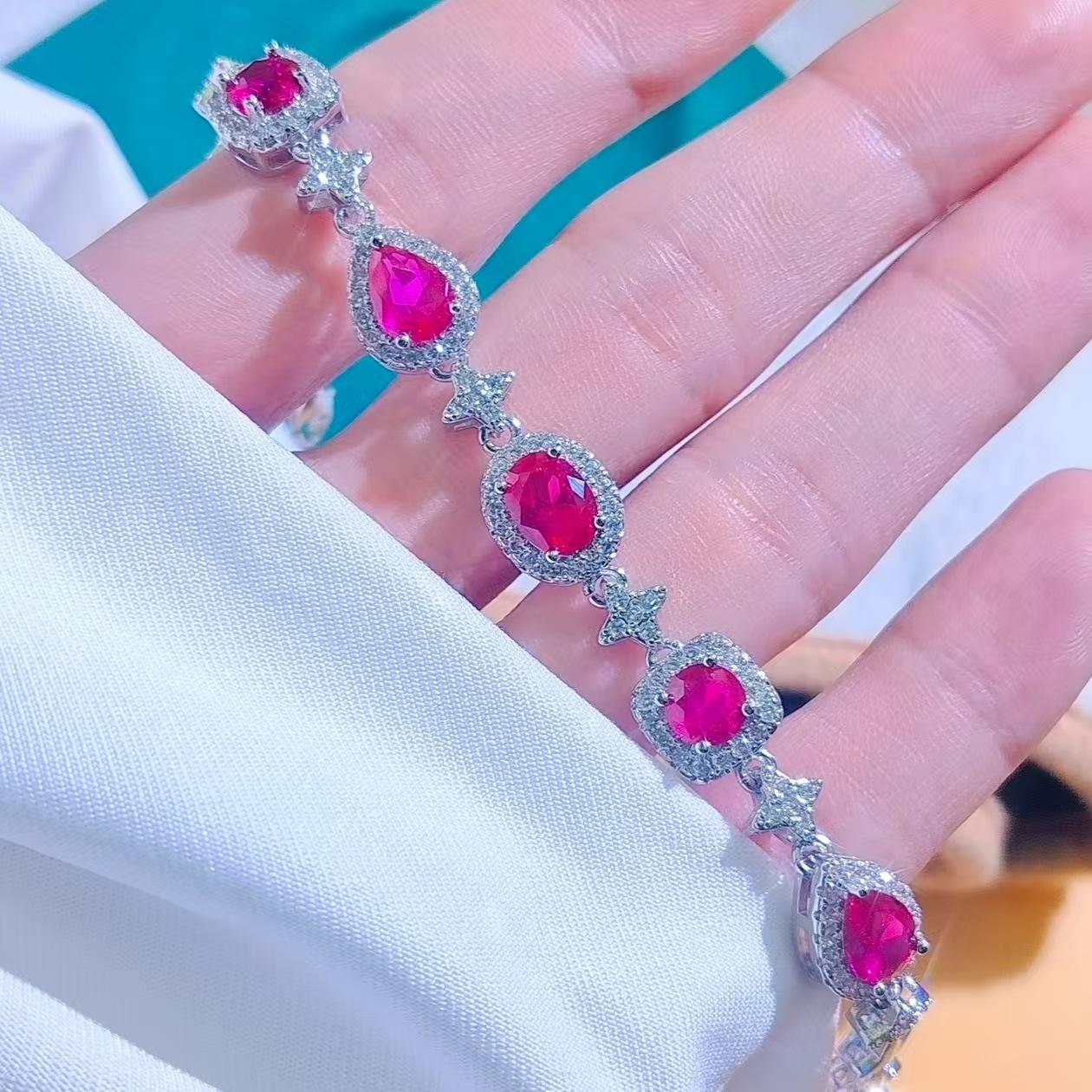 Silver Plated Women s Bracelet with Blue Spinel, Red Corundum, and Simulated Sapphire Copper Silver Plated
