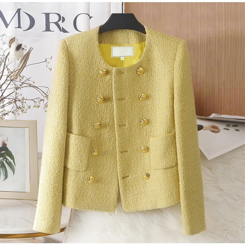 women s Slim Fit Round Neck Tweed Cropped Jacket Double Breasted Pocket Blazer Outerwear S жёлтый