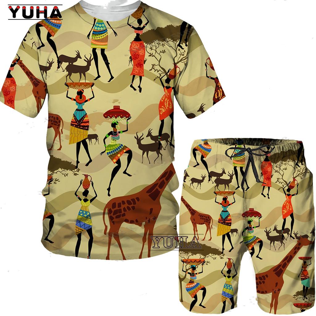 YUHA,Short Sleeve Plus Size Men Retro Ethnic Print Tracksuit Couple Dashiki Clothes Summer African Men's T Shirt Shorts Two Piec