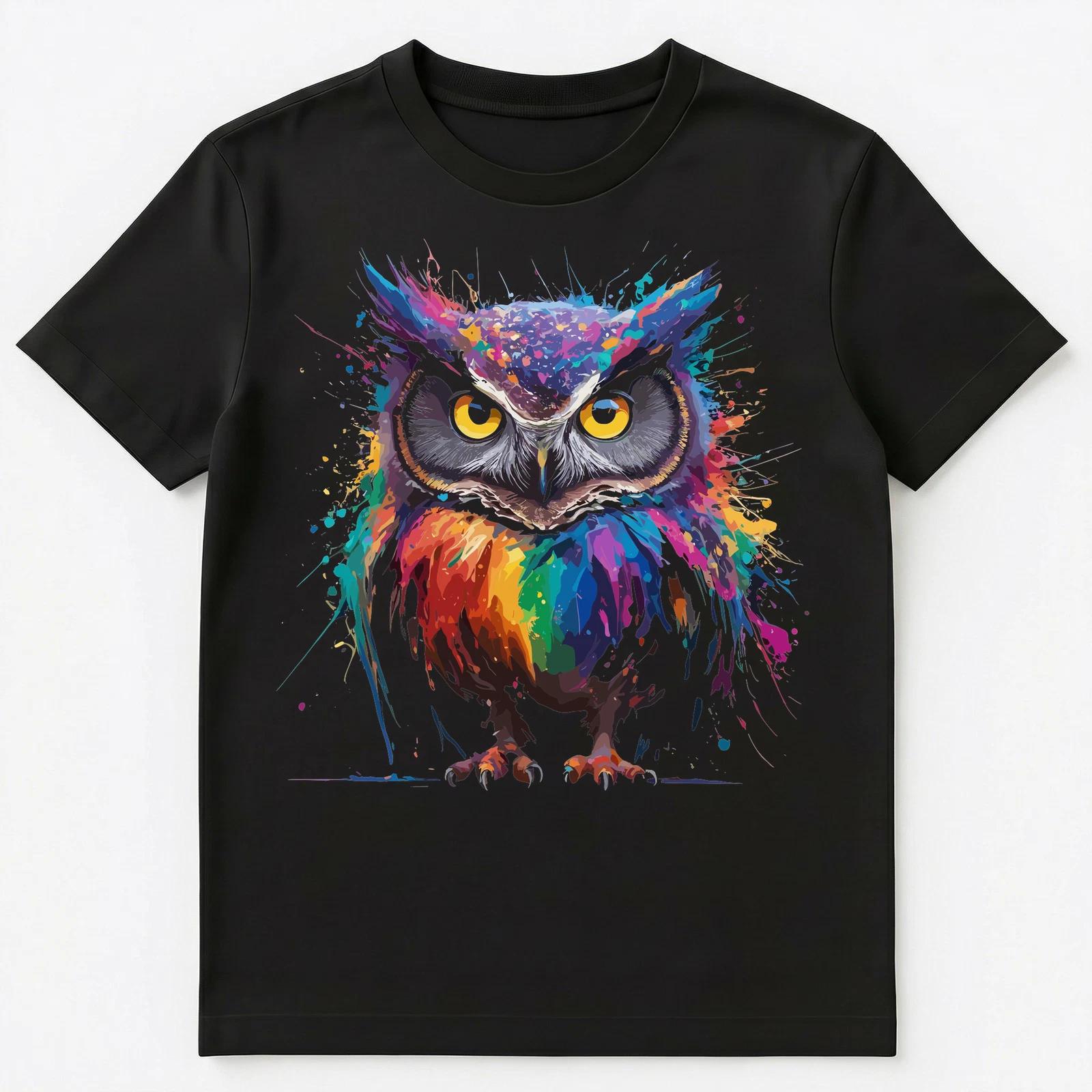 Colorful Paint Splash Owl Art Graphic Unisex T-Shirt 3XL