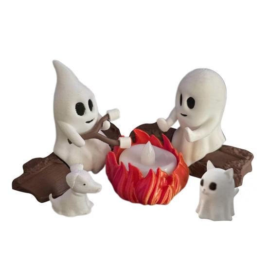 Ghost Campfire Gathering Scene Resin 2 Ghosts with Cat/Dog Making Smores Figurine Flickering LED Bonfire Halloween Night Light