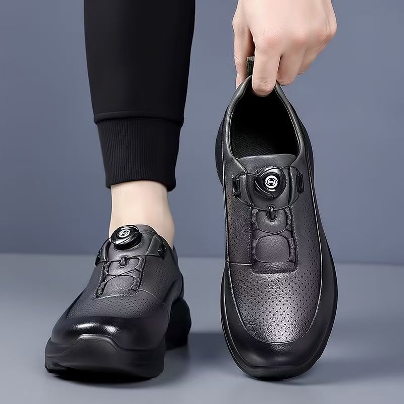 Leather shoes men's hollow lightweight breathable travel hiking shoes rotating buckle casual fashion casual leather shoes men
