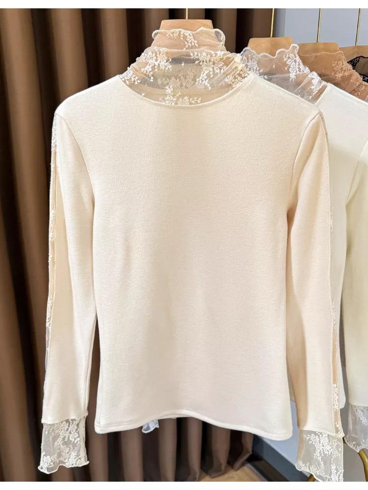 Women's Slim-Fit Brushed Lace Turtleneck Base Layer - Warm Autumn/Winter Inner Shirt
