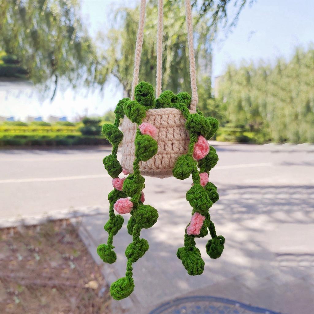 Boho Car Plant Crochet Hanging Basket Ornaments Hand Knitting Potted Hanging Plant Rear View Mirror Pendants Car Decoration