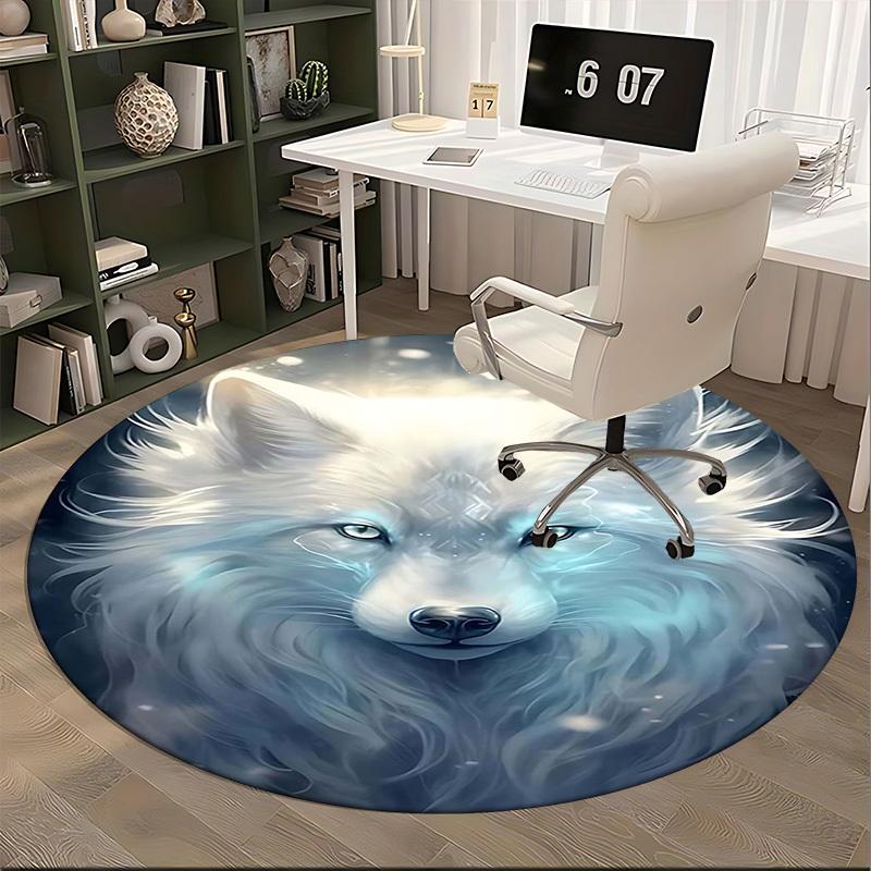 1pc Anime Wolf Design Round Carpet Office Chair Mat, Non Slip Rug for Home Decor, Living Room, Bedroom, Game Room
