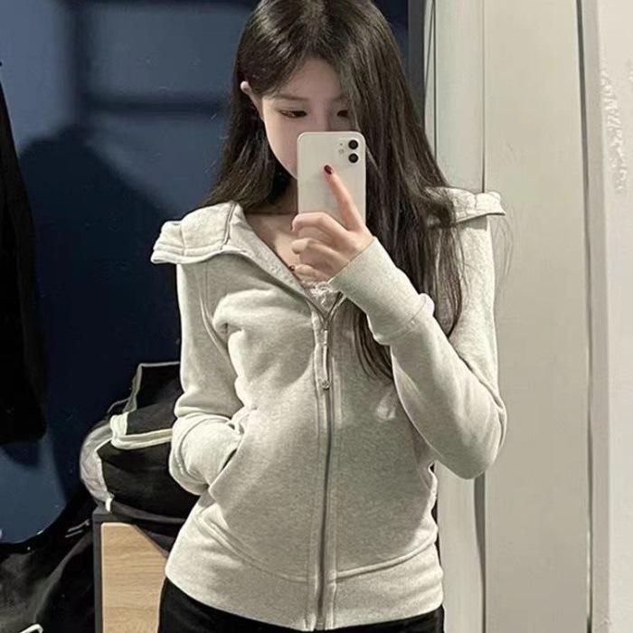 Spot Black Slim Fit Waist-Cinched Hooded Sweatshirt for Women, Autumn New Style, Slimming & Versatile Fall Wear.