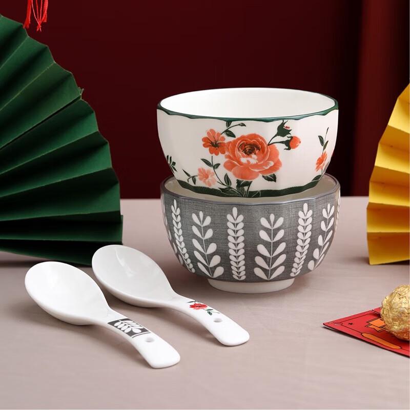 Chinese Style Printed Ceramic Bowl & Spoon Set