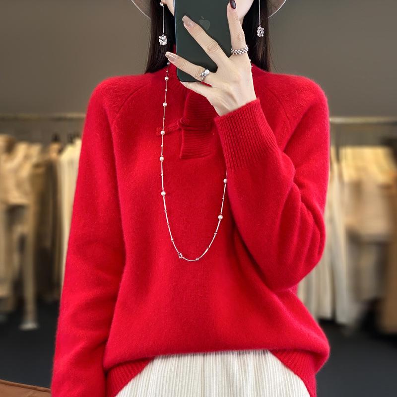 Women's Slimming Wool Sweater - Chinese Style Button-Up, Half-High Collar, Long Sleeve Pullover for Autumn/Winter