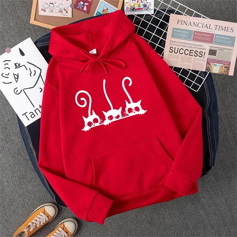 New Womens Sweatshirts Cute Cat Printing Home Party Casual Hoodies Loose Sports Pullover Tops Autumn Winter Daily Woman Clothing