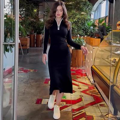 European & American Women's V-neck Long Sleeve Bodycon Dress - Comfortable, Casual, Slimming