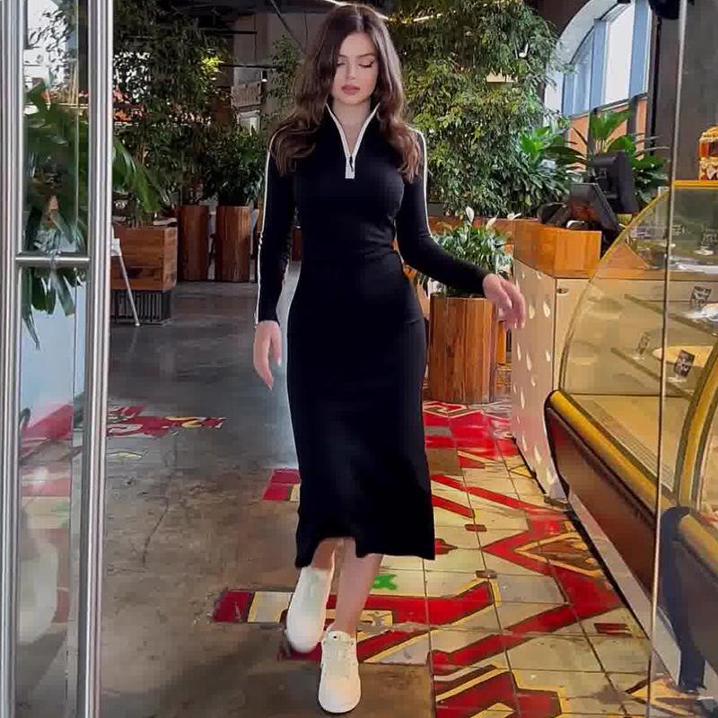 European & American Women's V-neck Long Sleeve Bodycon Dress - Comfortable, Casual, Slimming