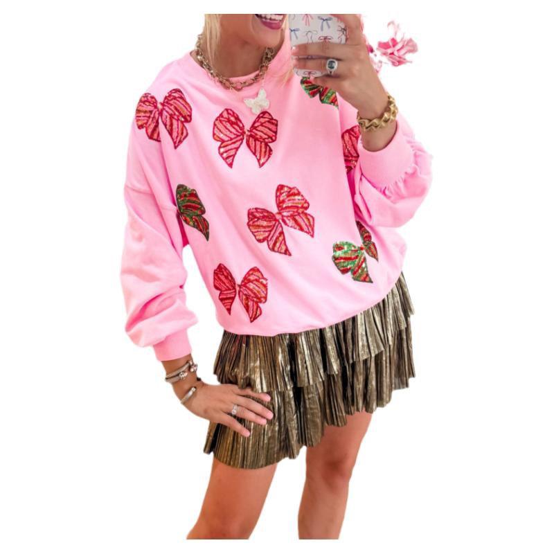 

Shiying Свитшот свободного кроя с пайетками и лоскутным узором и рождественским бантом, осень/зима, длинный рукав, круглый вырез M розовый