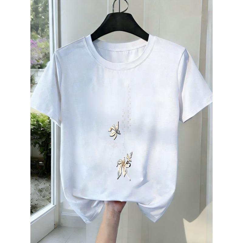 Nové Dámské Tričko s Kulatým Výstřihem a Krátkým Rukávem Květinový Výšivka Tisk Černá Bílá Šedá Pružné Celoroční Trendy Statement Grafické Ležérní Pohodlí