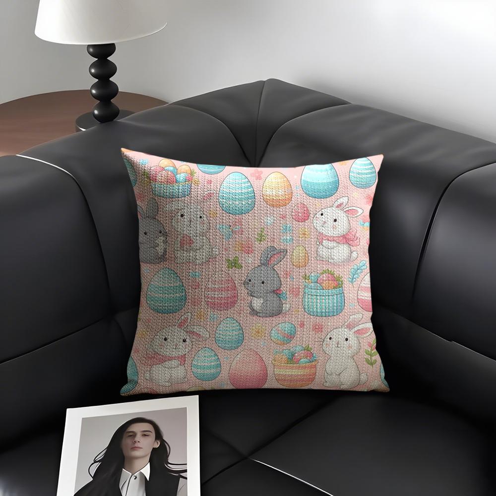 Cute Easter Bunny Cushion Cover Natural Linen Organic Fabric Double-Sided Printing Breathable Perfect Gift For Decor