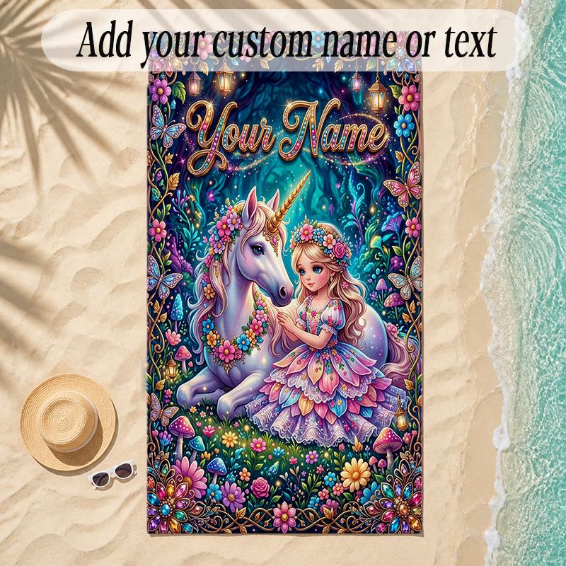 Unicorn Theme Soft Beach Towel Personalized Custom Name Text Towel Portable for Beach Pool Travel