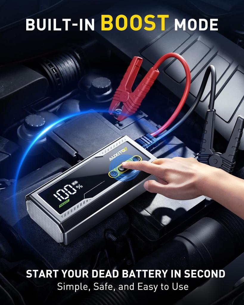 6000A Jump Starter, 12V Portable Car Battery Booster with LED Display, 3-in-1 Flashlight, Jumper Cables & Case