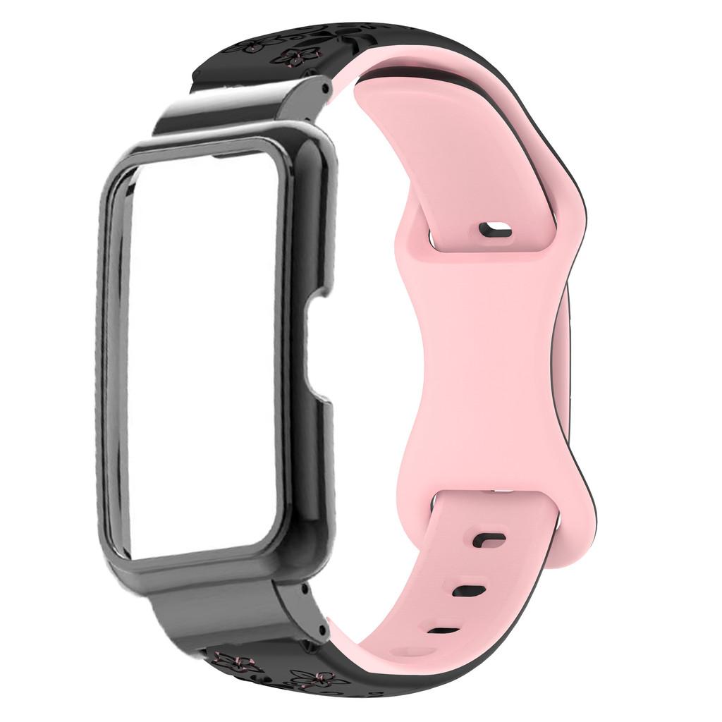 

2in1 Set Metal Case and Two-tone Embossed Silicone Strapsuit for Huawei Watch Band6/7/8/9/10 Slim Laser Engraved Silicone Strap band7 чёрный