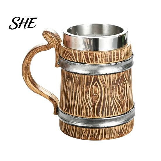 Food Grade Beer Mug Wood Barrel Mug, 600ml Stainless Steel Liner Stein, Durable Stein Rustic Tankard for Pub Home Bar Party Gift Vintage Style