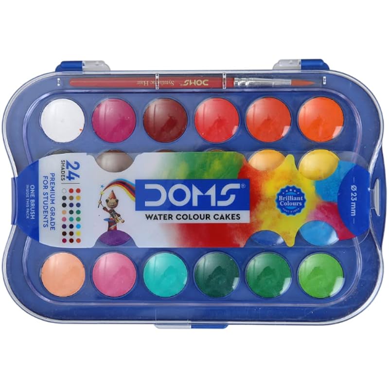 Doms 24 Shades 23Mm Water Colour Cakes | Easy To Use Palette Lid | Organic Rich Colour Pigments | Free Brush Inside | No