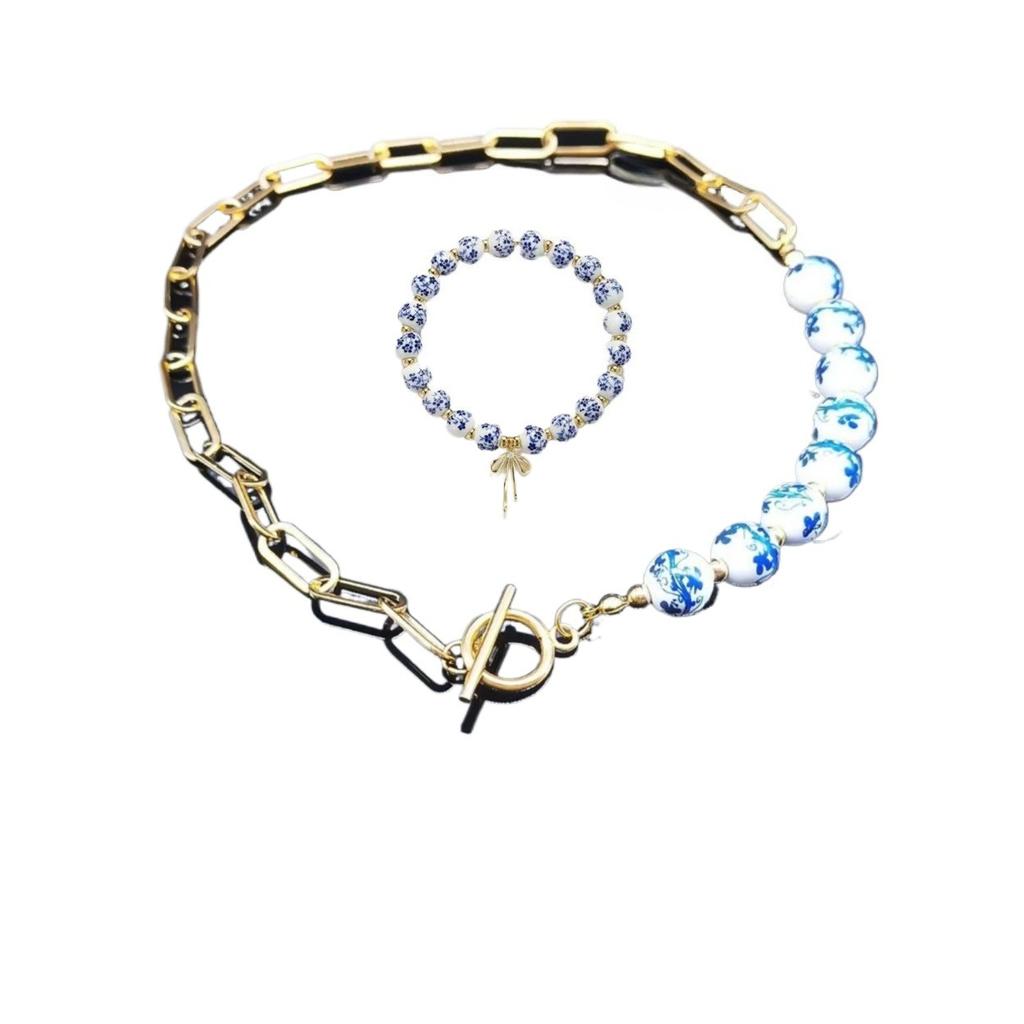 Blue And White Porcelain Bead Women's Necklace And Bracelet Set, Fashionable And Exquisite Accessory Gift