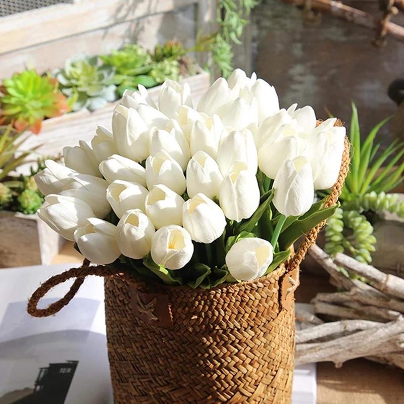 Silicone Tulips Artificial Flowers 34 Cm Decorative Plants for Vase 5 Pcs - White