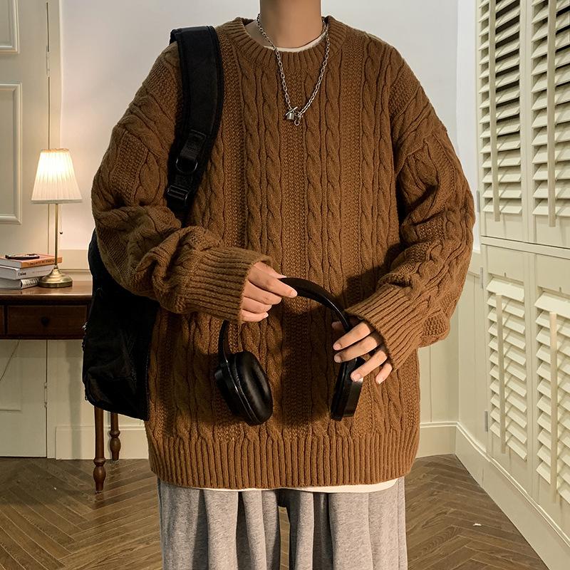 Men's Cable Knit Crew Neck Sweater, Loose Fit, Retro Hong Kong Style, Trendy Casual Knitwear for Autumn and Winter.