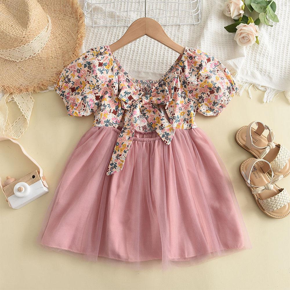 Girls Summer Floral Dress With Mesh Splice Puff Sleeves Cute Baby Princess Party Dress For Kids 90cm