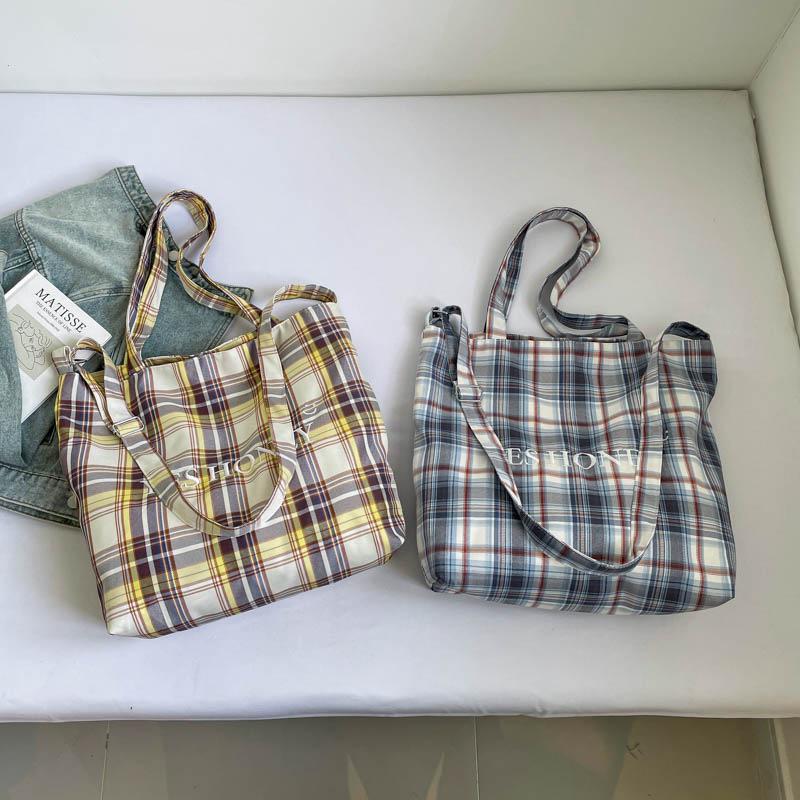 Schultertasche im koreanischen Stil mit Karomuster: Herbst/Winter Doppel-Tasche für Damen, Großes Fassungsvermögen Studenten-Pendler Crossbody