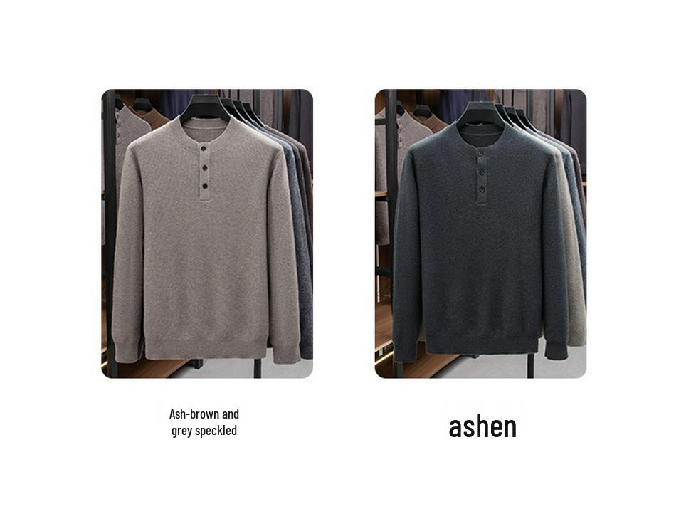 Men's Luxury 100% Cashmere Pullover - Skin-Friendly, Warm Base Layer with Button Collar for All Ages